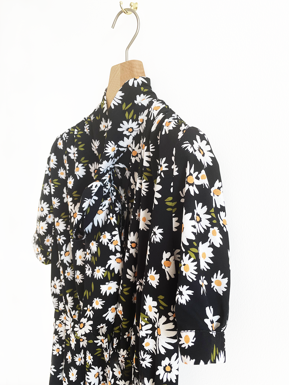 Black Silk Dress with Daisy Pattern, Size M