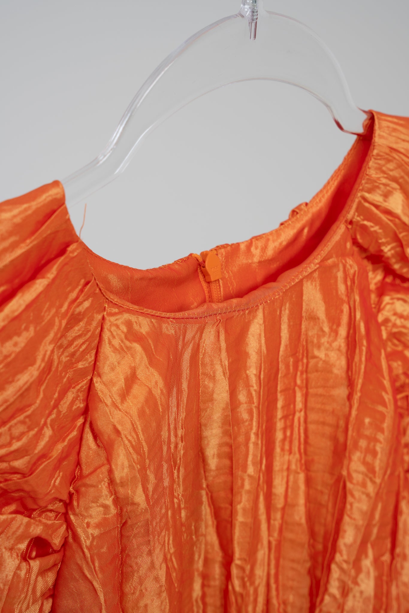 Plissé-sateen mini dress in electric orange, size XS