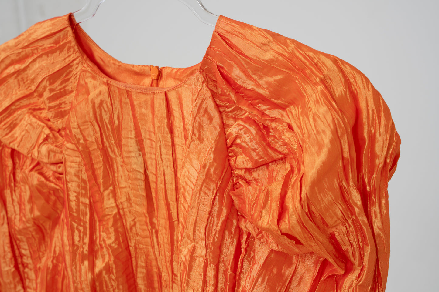 Plissé-sateen mini dress in electric orange, size XS