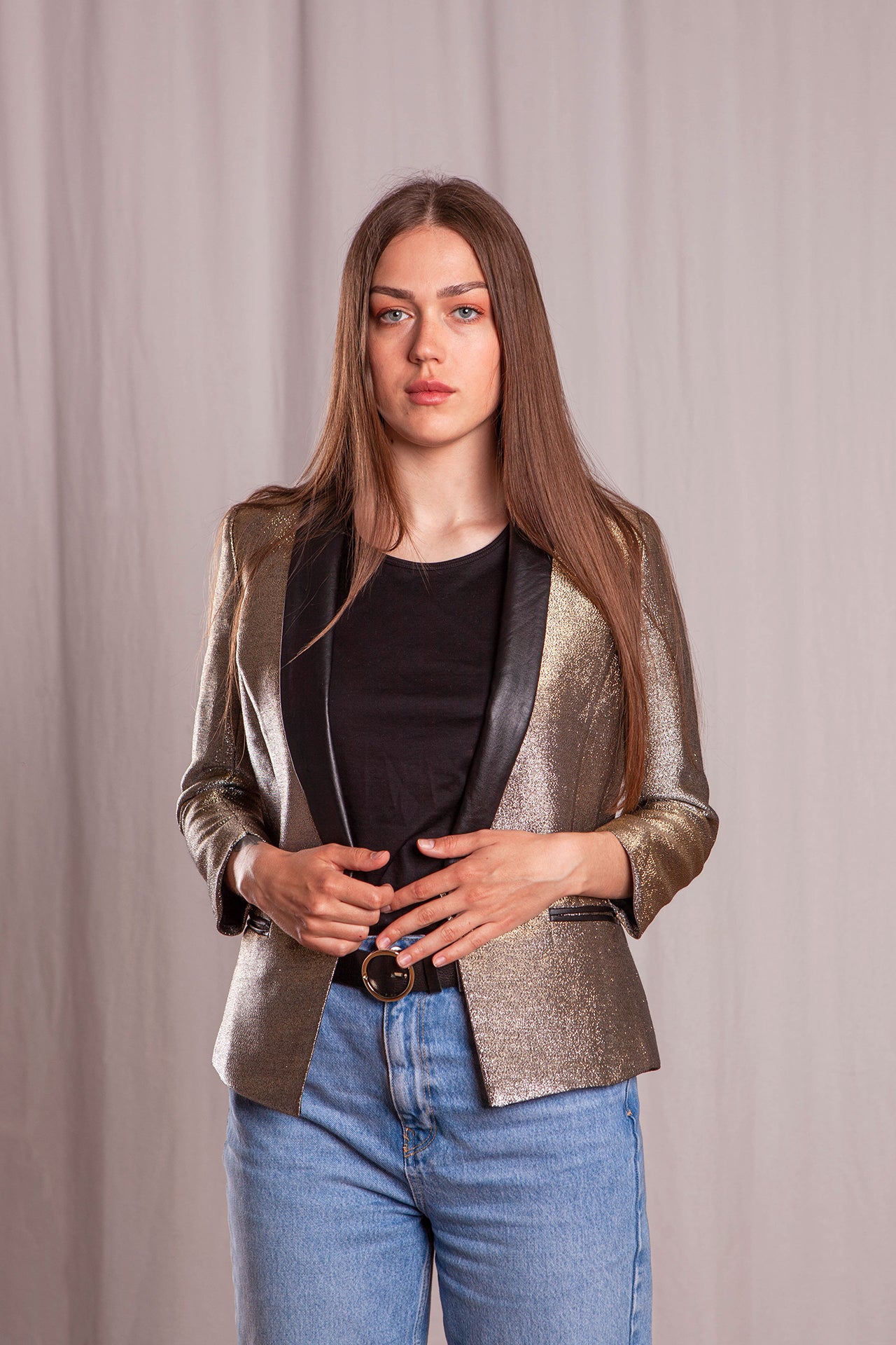 Gold Blazer with Leather Details, Size XS