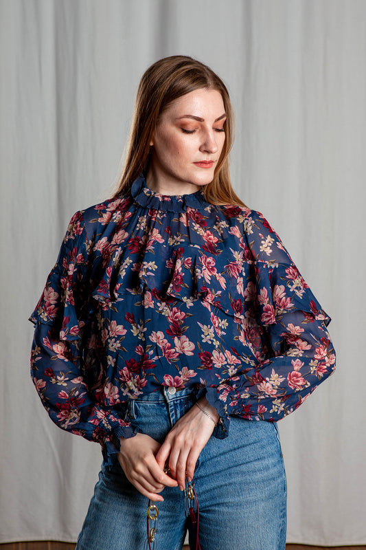 Romantic Flower Print Top with Ruffles, Sizes S, L