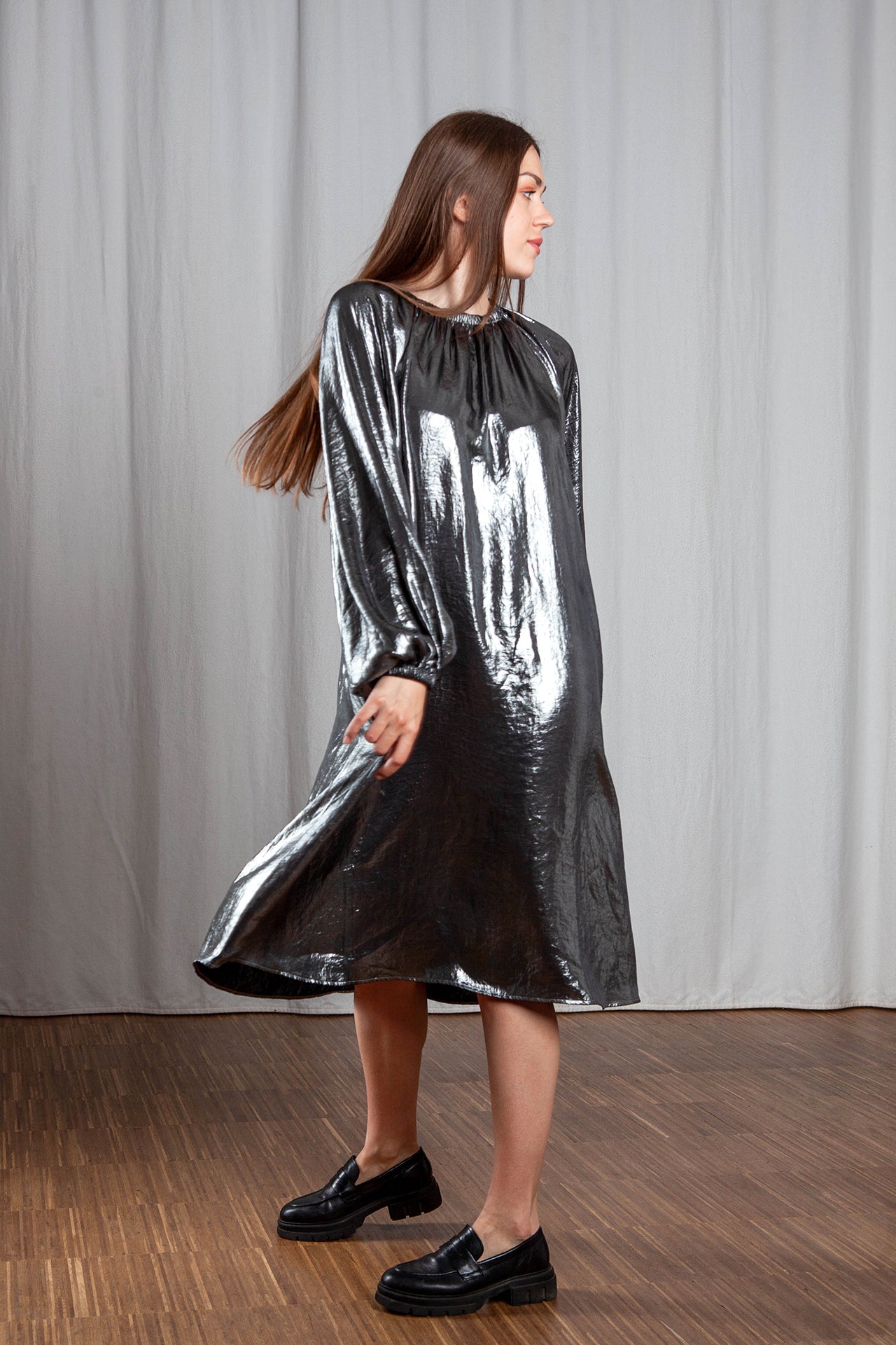 Silver Volume Sleeve Dress, Size M